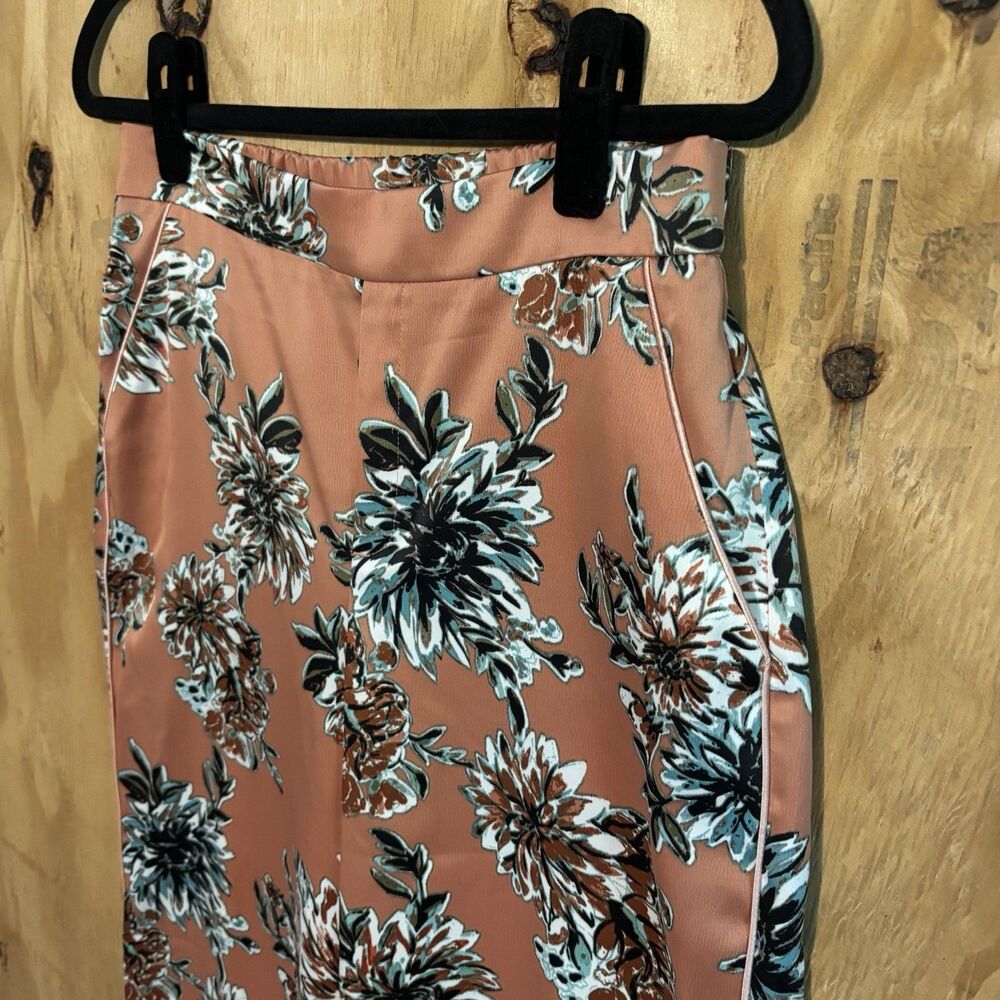 Kaari Blue Silky Satin Pink Floral Wide Leg Pants Sz S - Picture 2 of 5